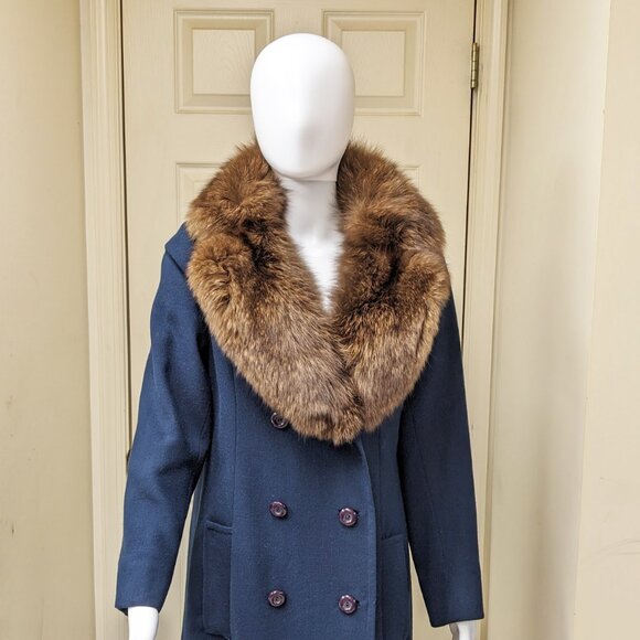 I. MAGNIN/BARON PETERS Vintage Navy Blue Coat w/ Genuine Fox Fur Collar - Picture 3 of 8